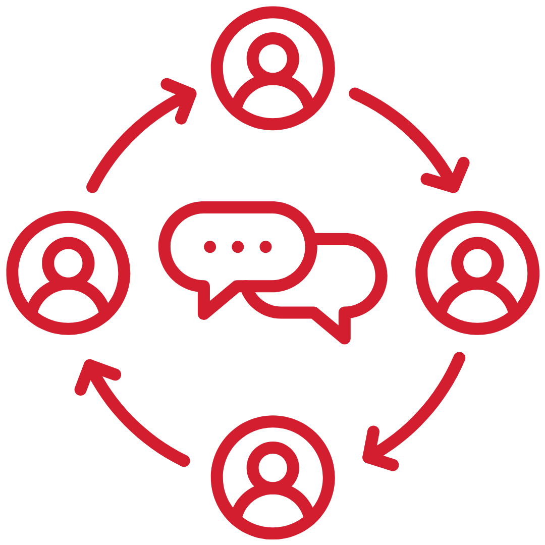Graphic with a text bubble in the middle, four circles with person outlines inside of them, and arrows connecting one person to another